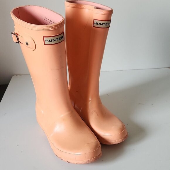 HUNTER | Tall Rain Boots Salmon Pink Orange Girls Sz 4 - Picture 3 of 6